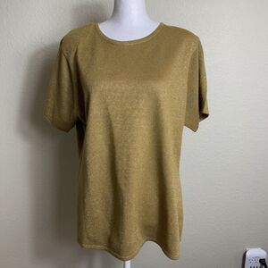 Susan Graver Women's Top Short Sleeve Sweater Size L‎ Sparkly Gold Shoulder Pads